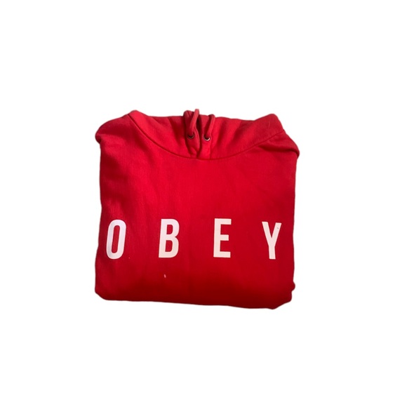 Anyway Hooded Sweatshirt Red Print Hoodie by Obey Sz L Unisex Like New - Picture 4 of 7